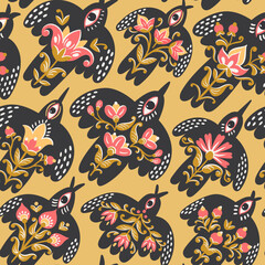 Folk pattern birds for print design. Traditional Scandinavian and Slavic ornament. Vector ethnic background in boho style for textile, fabrics and any surface design.