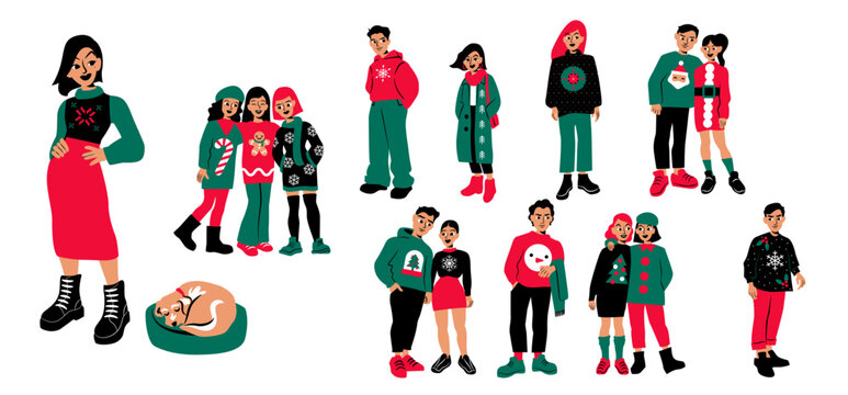 Group of young people wearing Christmas clothes, ugly Christmas sweater, winter outfit, Holidays apparel.  Minimal hand drawn flat cartoon style colorful characters. 