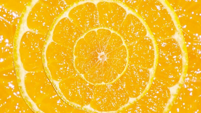 Zooming mandarin slices in seamless loop background. Abstract background with fresh fruit. Exotic food concept illustration
