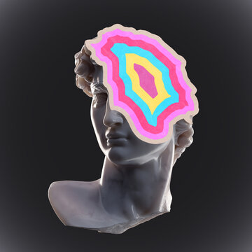 Abstract digital illustration from 3D rendering of white marble male bust head of sliced cut open showing colorful interior rings and isolated on dark background. 