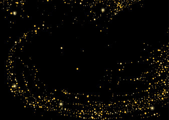 Gold glitter confetti on a black background. Shiny particles scattered, sand. Decorative element. Luxury background for your design, cards, invitations, vector