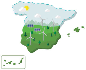 Spain Map Contour Renewable Energy With Wind Generator and Solar Panel