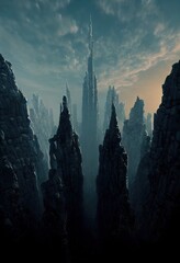 paysage étrange et menaçant d'un monde extraterrestre hostile avec des montagnes sombres en pics