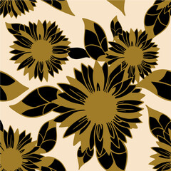 seamless pattern of large black flower buds with a golden outline on a beige background, bright floral texture, design