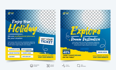 Obraz premium Travel and tourism social media banner post template design with abstract background for travelling business marketing. Social media marketing banner template set