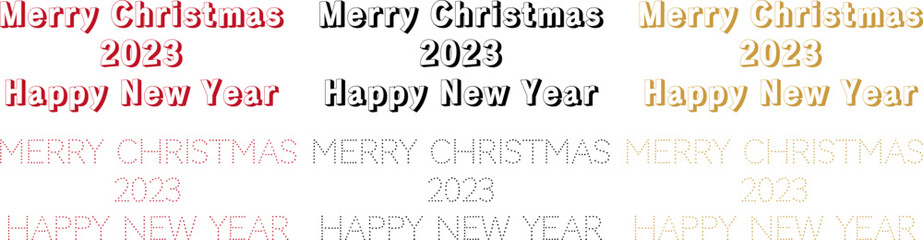 2023 Happy New Year, Merry Christmas 3D text. Red, black and gold typography dots letter
