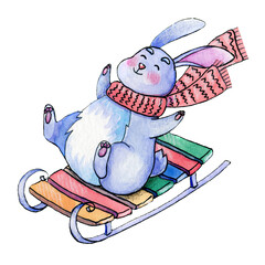 A cute rabbit in a scarf is enjoying the winter and the holiday. The rabbit is sledding. Hand drawn watercolor illustration. For Christmas and New Year cards

