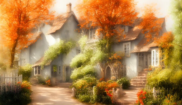 Fairy tale rustic country house gold autumn