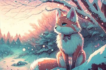 Anime fox in kawaii style, winter forest, pastel glow