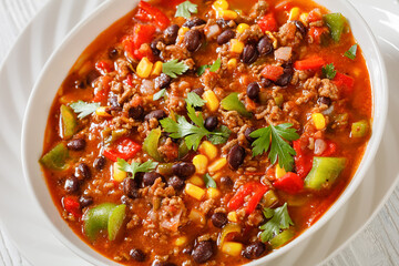taco soup of ground beef, corn, beans and veggies