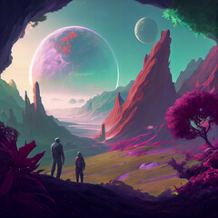 Fototapeta premium Beautiful Organic Alien Planet with people exploring the unknown