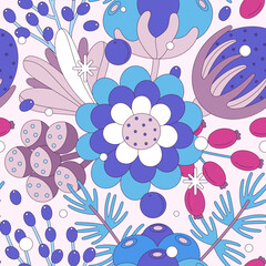 Snowy floral seamless pattern. Winter garden. Repeating background of flowers and snow. Elegant design for fabric, wrapping paper, wallpaper, cover of notebook. Vector illustration