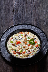 Turkey Wild Rice Soup in bowl, top view