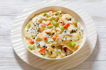 Turkey Wild Rice Soup in bowl, top view