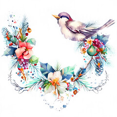 Watercolor Christmas hand-drawn illustration.  Christmas wreath with cute bird. 