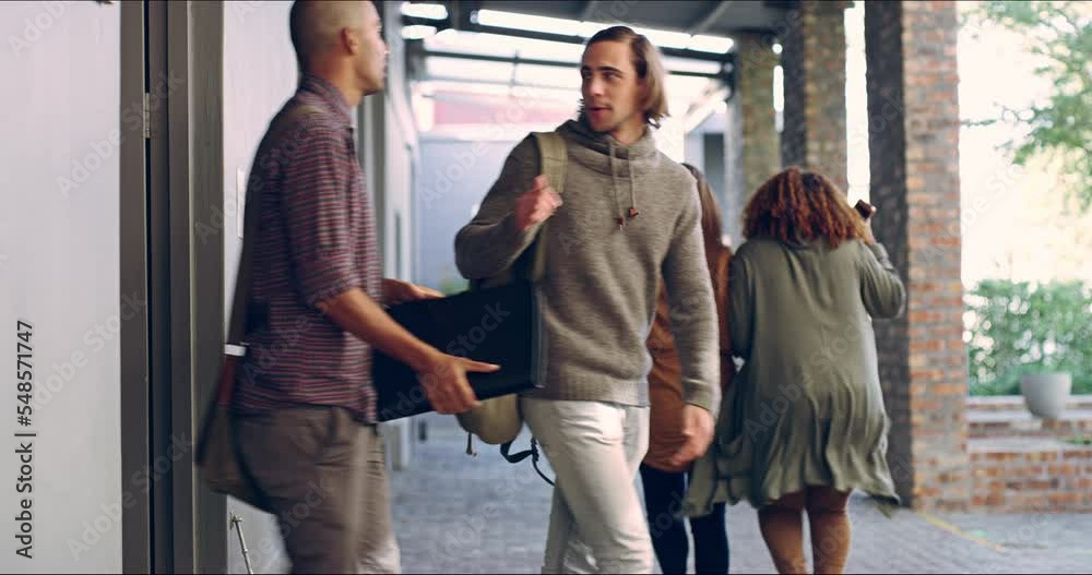 Canvas Prints University, classroom and students walking on campus after class, education or interracial people studying. Diversity, school and college friends walk together for learning or happy academic success