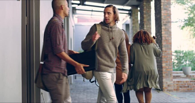 University, classroom and students walking on campus after class, education or interracial people studying. Diversity, school and college friends walk together for learning or happy academic success