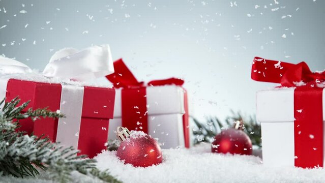 Super slow motion of falling snow with christmas decoration still life. Filmed on high speed cinema camera, 1000 fps.