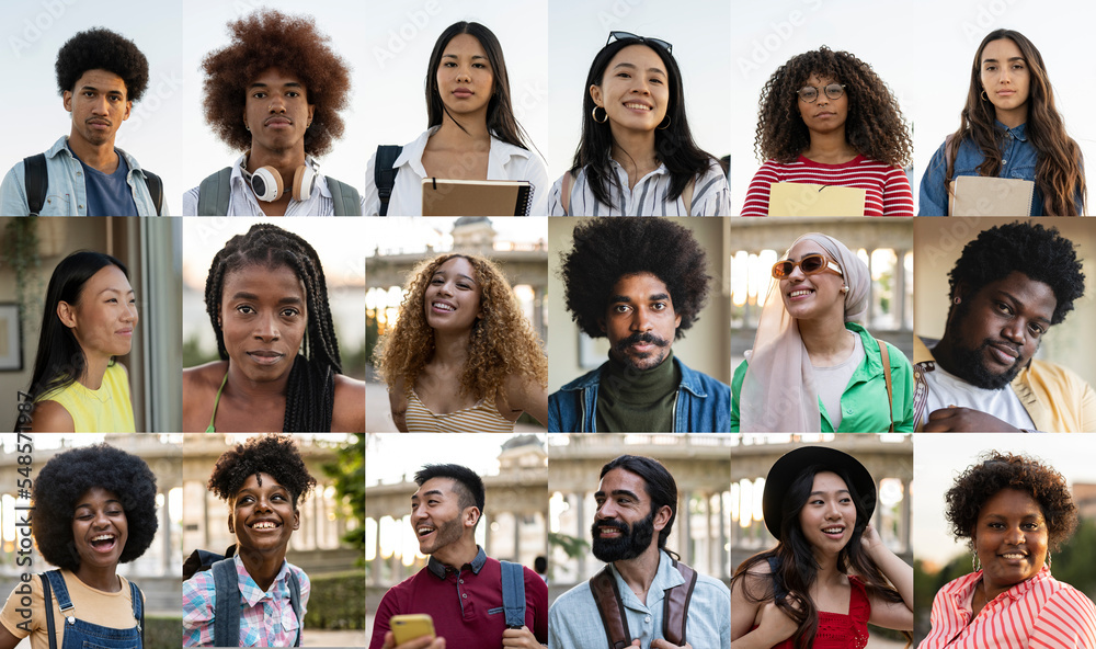 Wall mural many happy and diverse young people different ethnicities, hr society database concept.