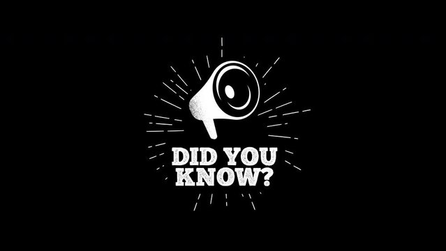 did you know megaphone - hand drawn badge animation.vintage sun rays animation. white text and black background. Grunge megaphone.vintage drawing speaker.