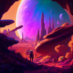 Fototapeta na wymiar Beautiful Organic Alien Planet with people exploring the unknown