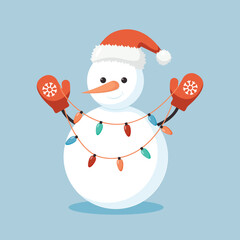Cheerful snowman in Santa Claus hat and mittens holds garland with colorful light bulbs. Greeting card for Christmas, New Year. Winter design. Cute cartoon character. Vector illustration