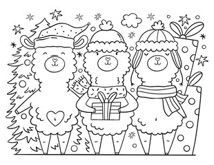 Group of Christmas llamas outline illustration for coloring book. Cartoon animals.