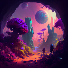 Obraz premium Beautiful Organic Alien Planet with people exploring the unknown