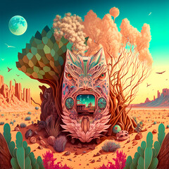 surreal mask in a desert on a tree