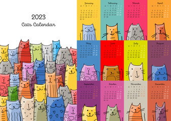 Calendar template, funny cats family. Symbol of 2023. Vector illustration