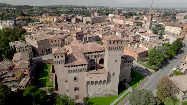  4K drone video flyby over Rocca di Vignola castle in Emilia-Romagna Region, Italy on a sunny Autumn Day