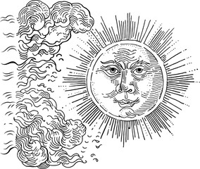 Vintage sun with a face and clouds. Hand drawn engraving medieval style ink pen illustration. Tattoo design. Coloring book page. Esoteric, occult, witchcraft, alchemy, boho, astrology, fairytale.