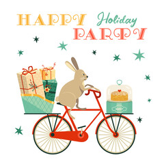 Bunny Rabbit deliver presents to holiday party fancy vector poster. Funny rabbit transport gifts design element. Lunar New Year symbol hare illustration. Festive holiday event celebration background