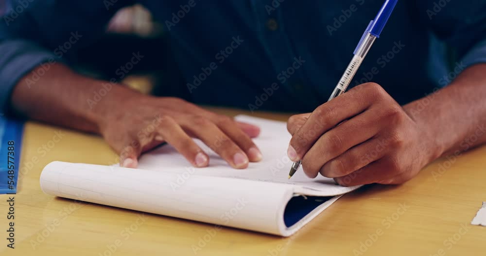Poster writing, notebook and pen for notes with black man, student or writer at table preparing for college