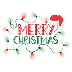 Obraz premium Merry Christmas Text with Red Green String Lights and Santa Hat Vector illustration