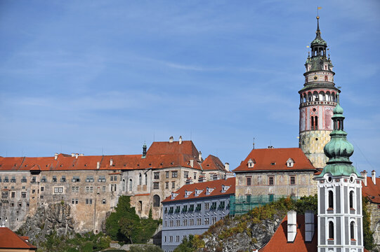 Castle and church tower in Cesky Krumlov Czech republic