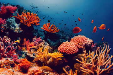 beautiful colorful coral in the sea with fish.