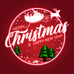 Christmas background with neon texts and shiny festive ornaments on snowing red background. Vector illustration.