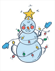 Cute snowman with colored light bulbs and a star. Cartoon character on a white background. Cute character design. Christmas vector. Vector illustration element.