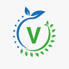 Letter V Healthcare Logo. Doctor Logo Sign, Medical Pharmacy Eco Leaf Symbol Design