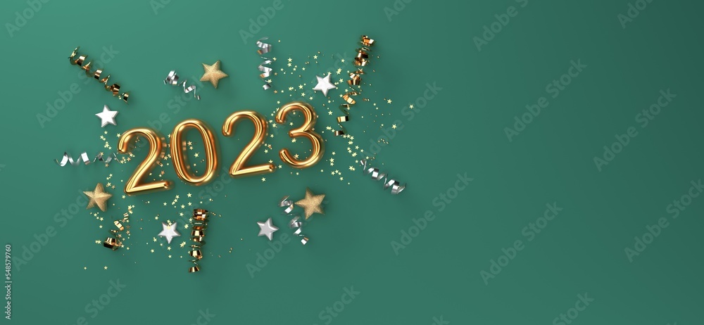 Poster 2023 new year celebration theme with confetti and stars - 3d render