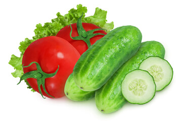 Tomatoes and cucumbers on an isolated white background.