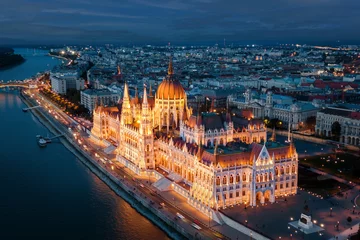 Aerial view of architectural landmark Hungarian Parliament Building at dusk in Budapest, Hungary. © R.M. Nunes