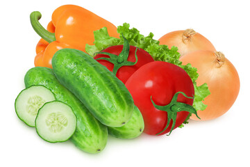 Cucumber, tomato, onion, lettuce, pepper on an isolated white background.