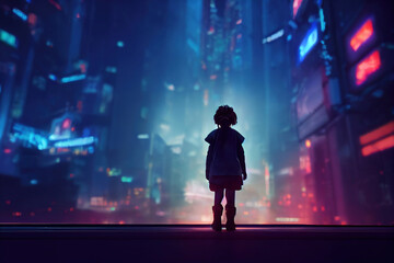 Fototapeta premium A child standing in a futuristic neon city at night, Cyberpunkt style with neon lights, abstract