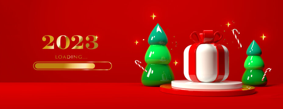 Loading New Year 2023 with gift boxes and trees on a red background