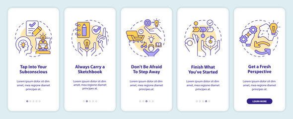 Overcome creative block tips onboarding mobile app screen. Walkthrough 5 steps editable graphic instructions with linear concepts. UI, UX, GUI template. Myriad Pro-Bold, Regular fonts used
