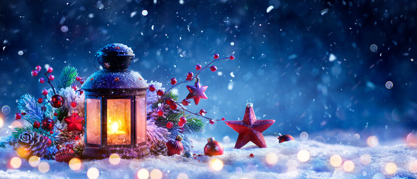 Christmas Lantern On Snow At Eve Night With Decorations And Ornaments -  Candle Light With Snowfall And Abstract Defocused Lights Stock Illustration  | Adobe Stock