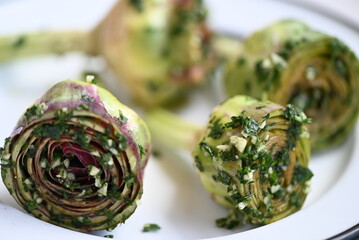 Delicious artichoke to eat with garlic ready to eat