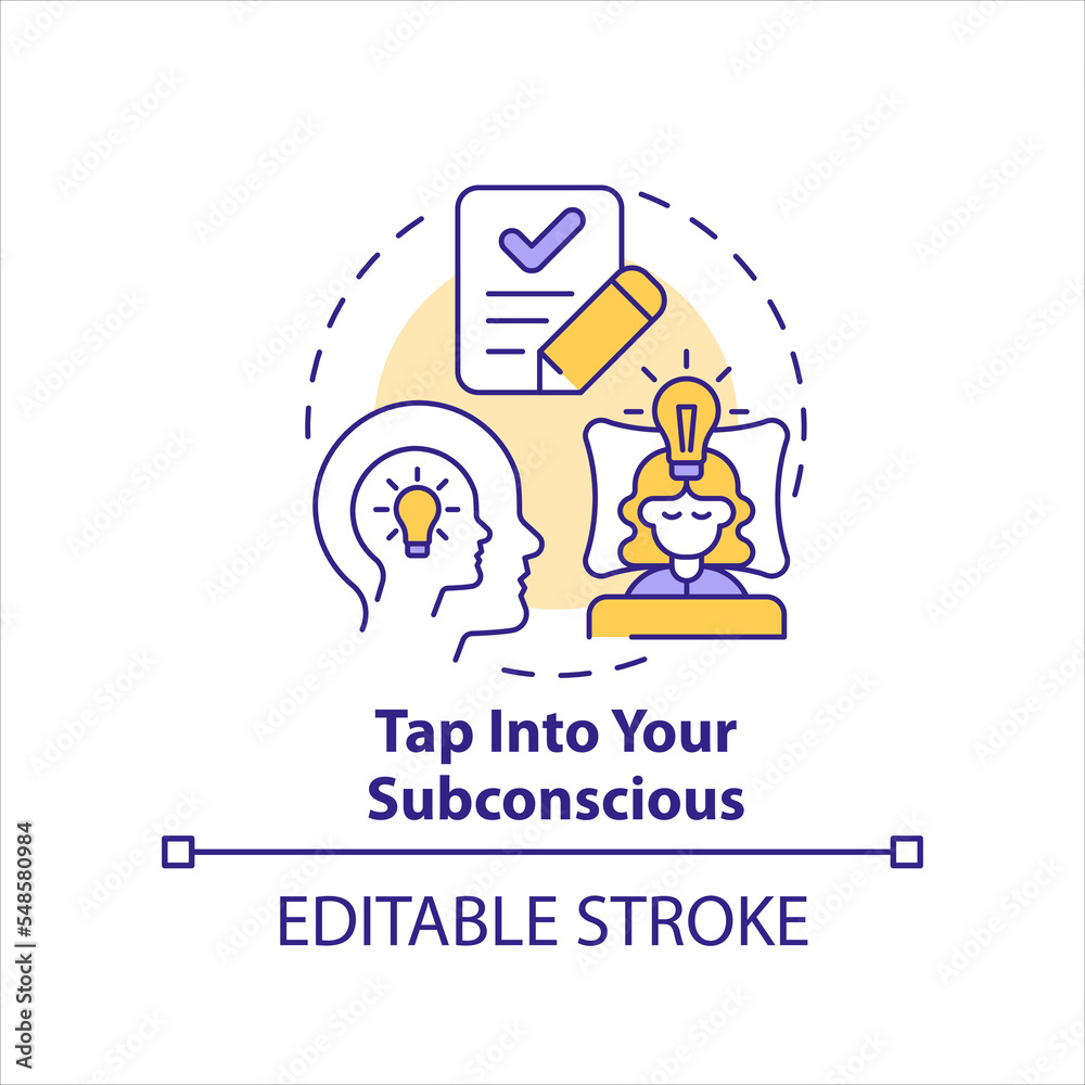Poster Tap into your subconscious concept icon. Overcoming creative block tip abstract idea thin line illustration. Isolated outline drawing. Editable stroke. Arial, Myriad Pro-Bold fonts used